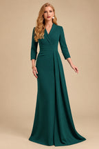 Rutipo Dark Green V-Neck Sleeves High Waist Elastic Satin Sheath/Column Evening Dresses
