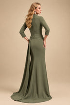 Rutipo Olive Green V-Neck Sleeves High Waist Elastic Satin Sheath/Column Evening Dresses