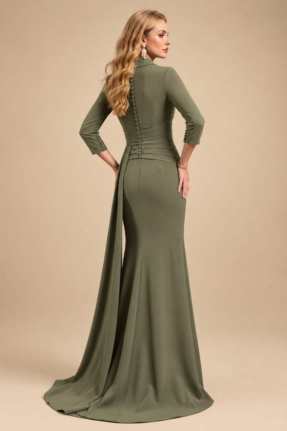 Rutipo Olive Green V-Neck Sleeves High Waist Elastic Satin Sheath/Column Evening Dresses