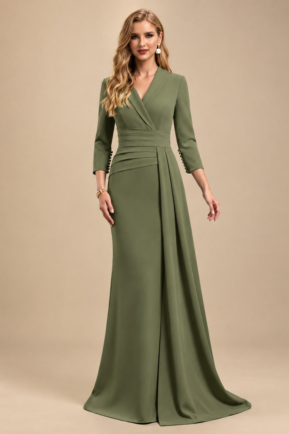 Rutipo Olive Green V-Neck Sleeves High Waist Elastic Satin Sheath/Column Evening Dresses