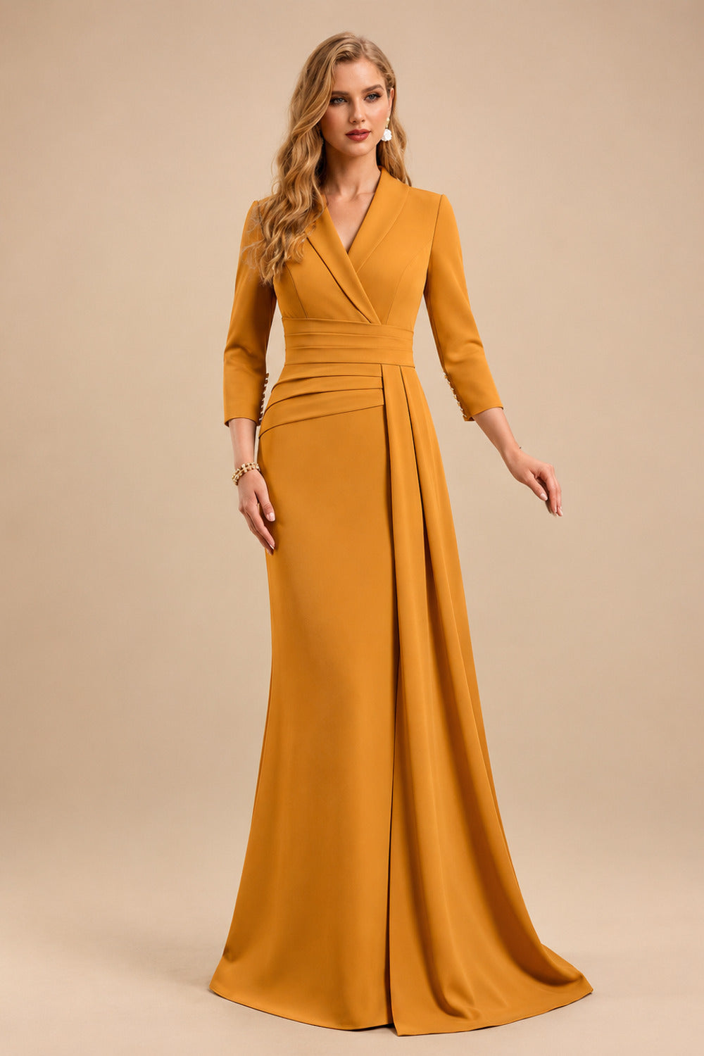 Rutipo Orange V-Neck Sleeves High Waist Elastic Satin Sheath/Column Evening Dresses