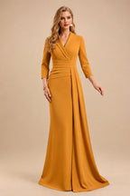 Rutipo Orange V-Neck Sleeves High Waist Elastic Satin Sheath/Column Evening Dresses