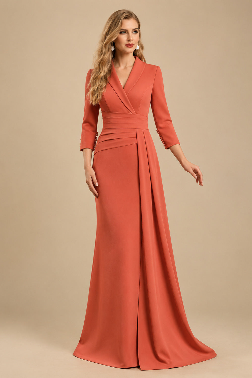 Rutipo Papaya V-Neck Sleeves High Waist Elastic Satin Sheath/Column Evening Dresses