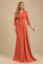 Rutipo Papaya V-Neck Sleeves High Waist Elastic Satin Sheath/Column Evening Dresses