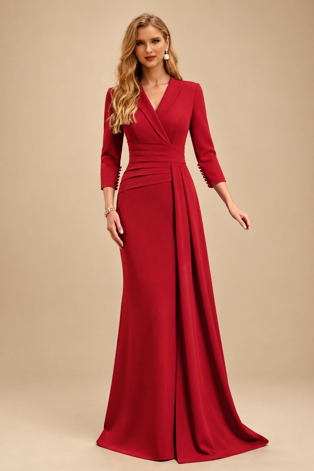 Rutipo Red V-Neck Sleeves High Waist Elastic Satin Sheath/Column Evening Dresses