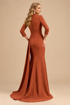 Rutipo Terracotta V-Neck Sleeves High Waist Elastic Satin Sheath/Column Evening Dresses