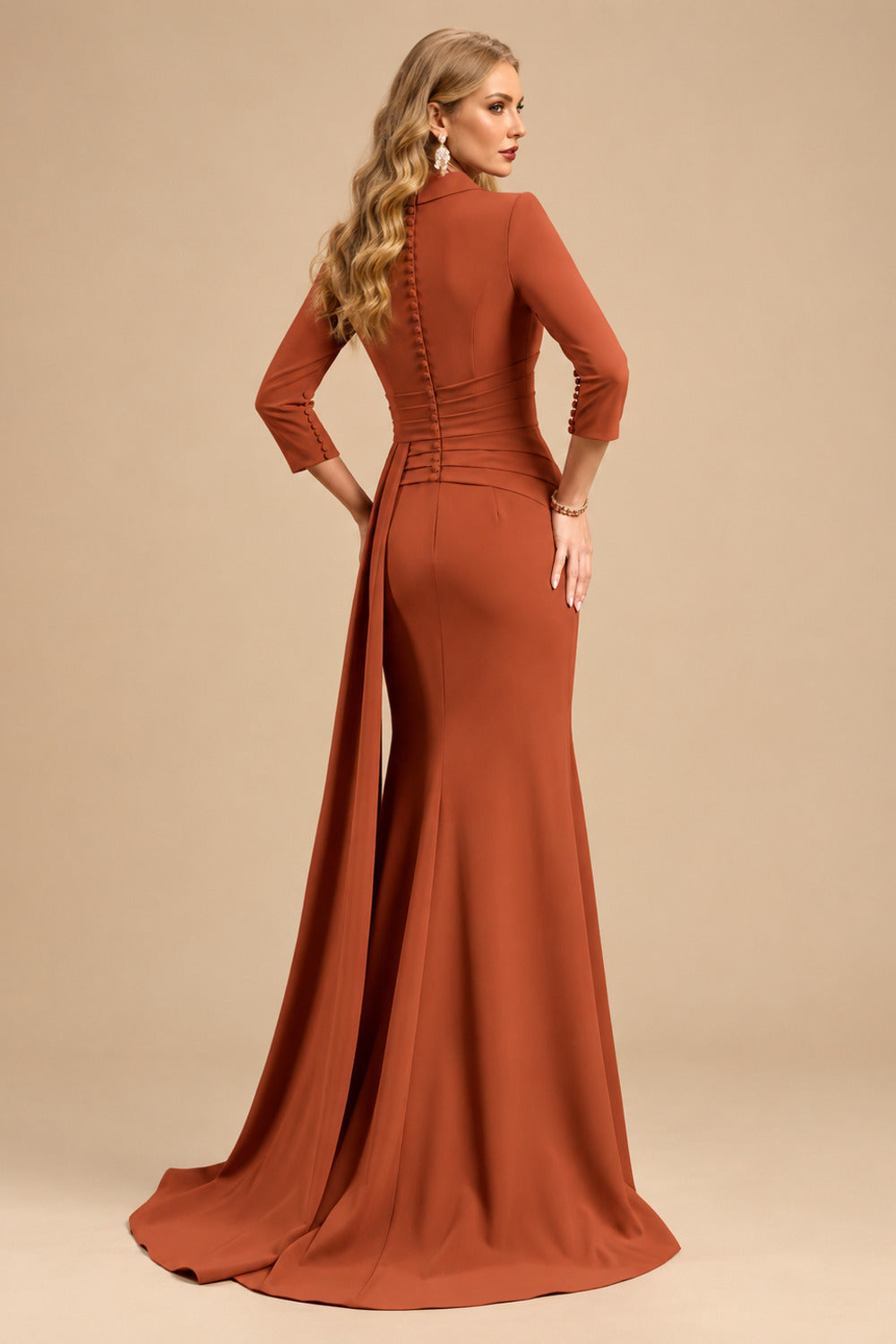 Rutipo Terracotta V-Neck Sleeves High Waist Elastic Satin Sheath/Column Evening Dresses