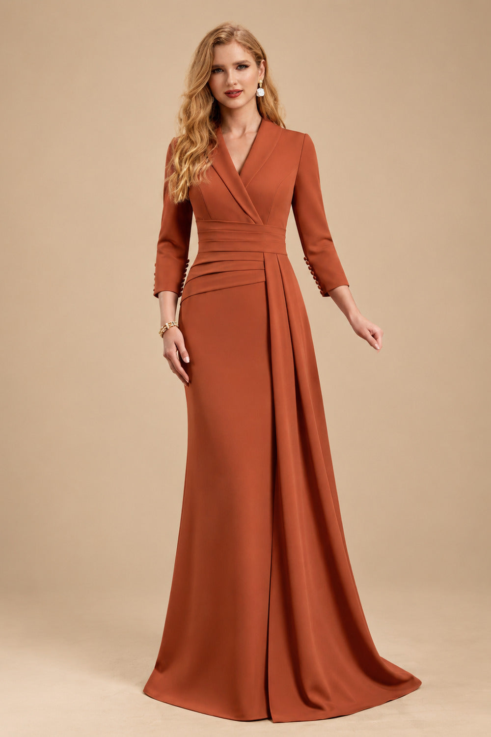 Rutipo Terracotta V-Neck Sleeves High Waist Elastic Satin Sheath/Column Evening Dresses