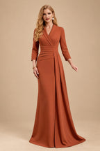 Rutipo Terracotta V-Neck Sleeves High Waist Elastic Satin Sheath/Column Evening Dresses