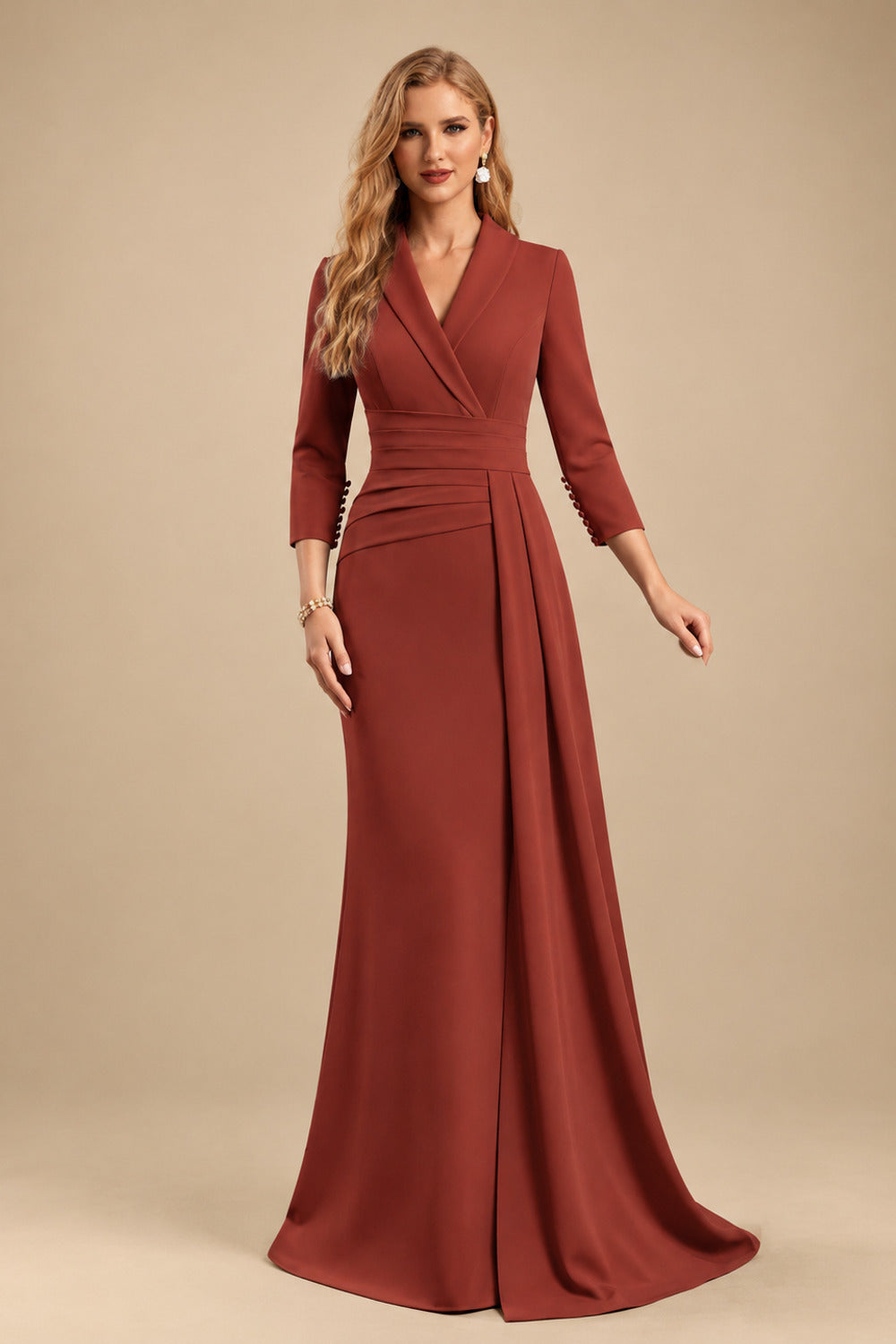 Rutipo Vermilion V-Neck Sleeves High Waist Elastic Satin Sheath/Column Evening Dresses