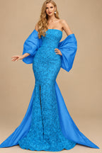 Rutipo Ocean Blue Trumpet/Mermaid Off-The-Shoulder Sequined Evening Dresses With Split Front
