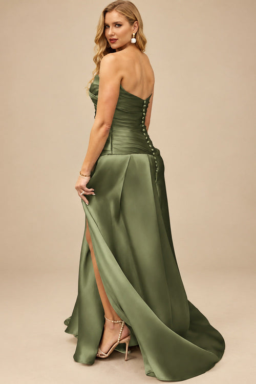 Rutipo Olive Green A-Line Cowl Neck Sleeveless Court Train Satin Evening Dresses With Pleated/High Split