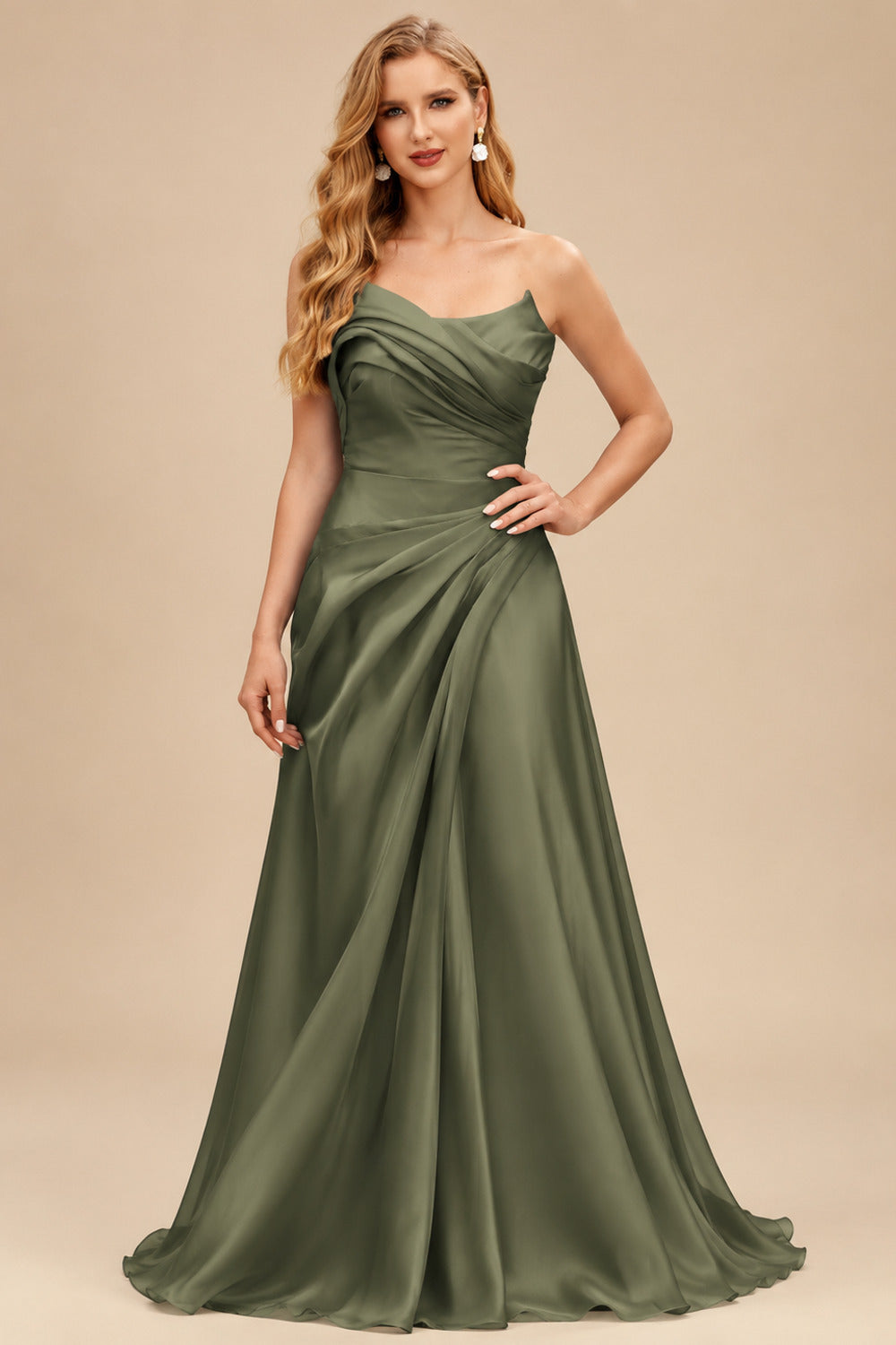 Rutipo Olive Green A-Line Cowl Neck Sleeveless Court Train Satin Evening Dresses With Pleated/High Split