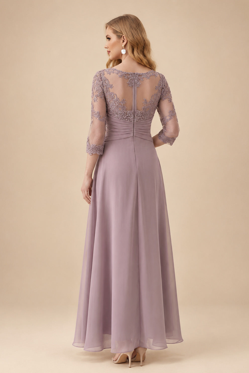 Rutipo Dusk A-Line Scoop Neck Long Sleeves Asymmetrical Chiffon Mother Of The Bride Dresses With Lace