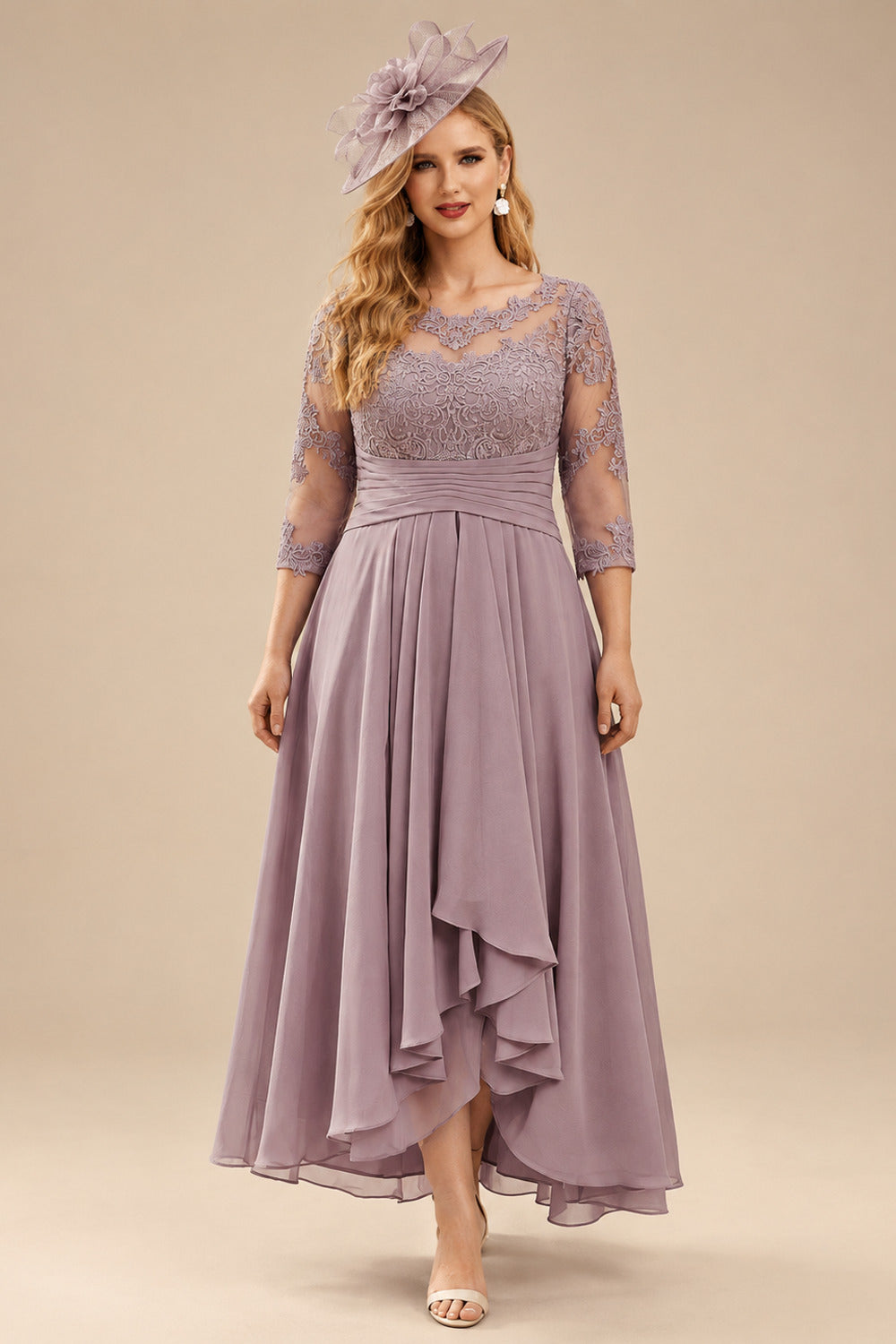Rutipo Dusk A-Line Scoop Neck Long Sleeves Asymmetrical Chiffon Mother Of The Bride Dresses With Lace