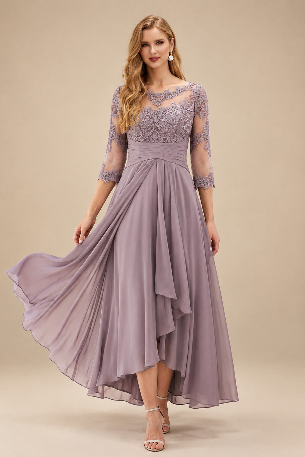 Rutipo Dusk A-Line Scoop Neck Long Sleeves Asymmetrical Chiffon Mother Of The Bride Dresses With Lace