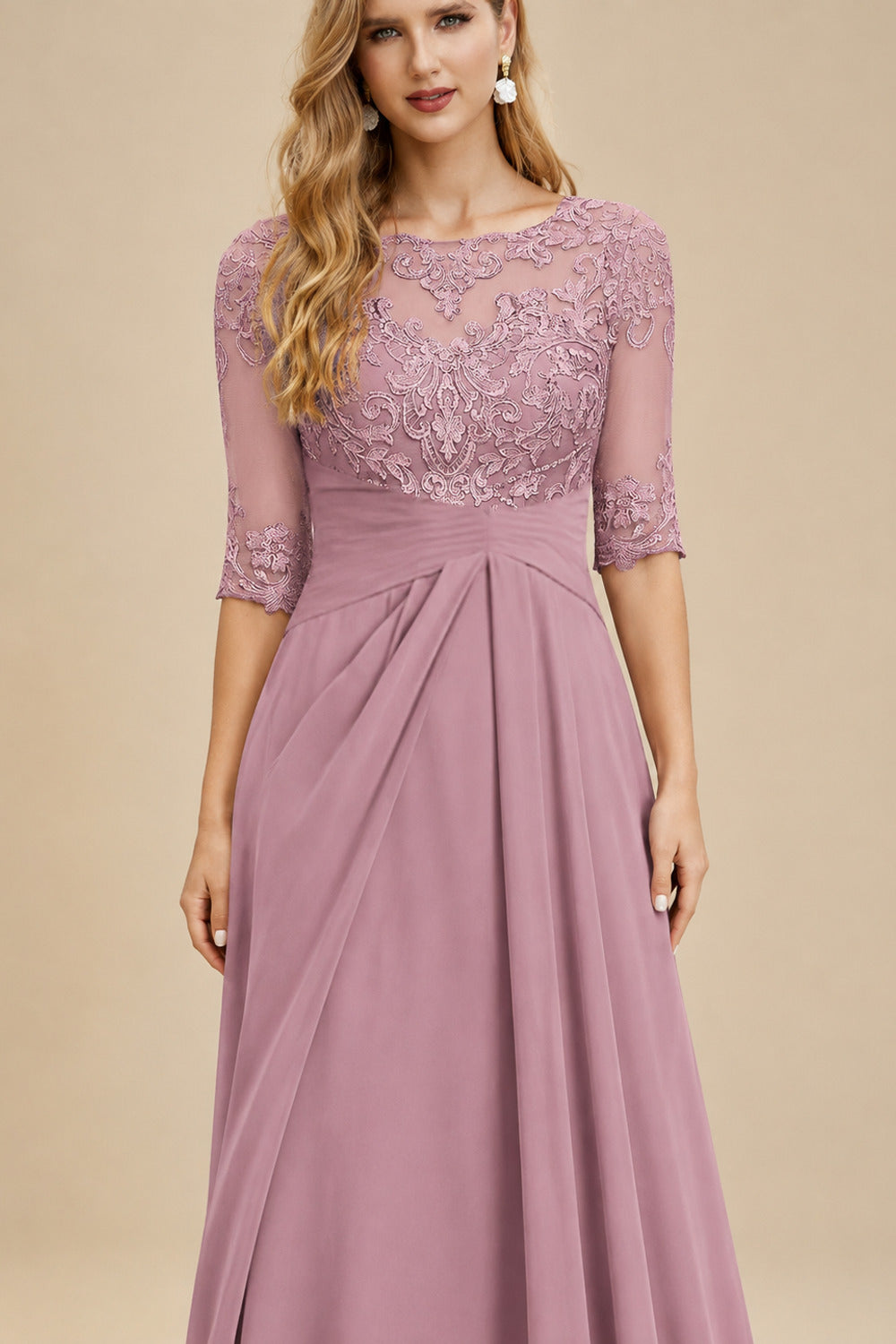 Rutipo Mauve A-Line Scoop Neck Long Sleeves Asymmetrical Chiffon Mother Of The Bride Dresses With Lace