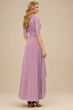 Rutipo Mauve A-Line Scoop Neck Long Sleeves Asymmetrical Chiffon Mother Of The Bride Dresses With Lace