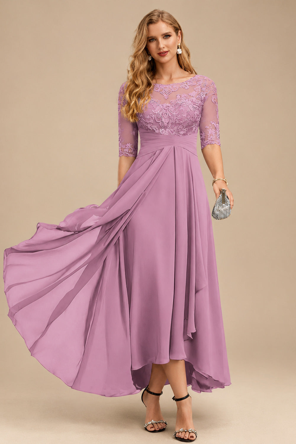 Rutipo Mauve A-Line Scoop Neck Long Sleeves Asymmetrical Chiffon Mother Of The Bride Dresses With Lace