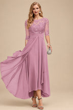 Rutipo Mauve A-Line Scoop Neck Long Sleeves Asymmetrical Chiffon Mother Of The Bride Dresses With Lace