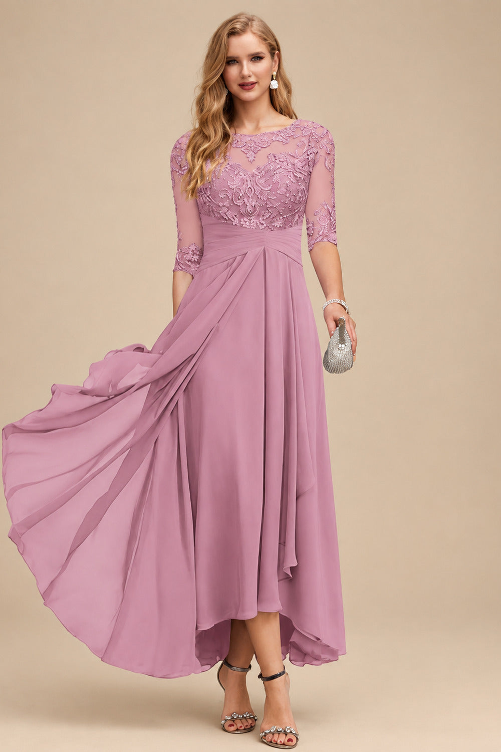 Rutipo Mauve A-Line Scoop Neck Long Sleeves Asymmetrical Chiffon Mother Of The Bride Dresses With Lace