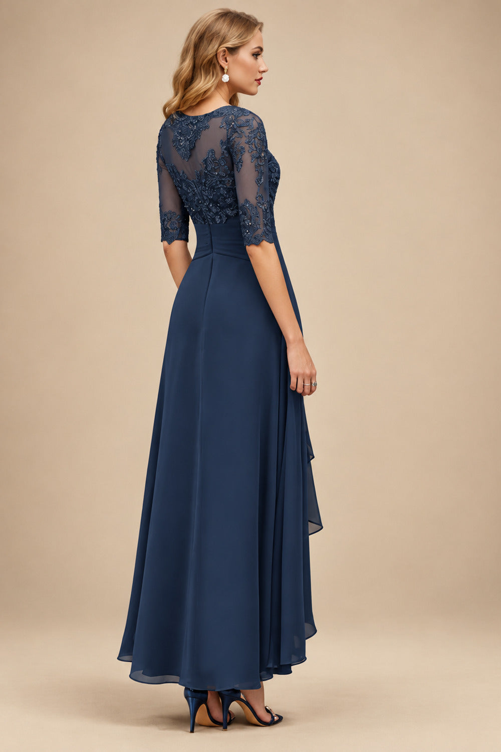 Rutipo Navy Blue A-Line Scoop Neck Long Sleeves Asymmetrical Chiffon Mother Of The Bride Dresses With Lace