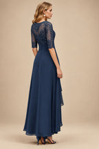 Rutipo Navy Blue A-Line Scoop Neck Long Sleeves Asymmetrical Chiffon Mother Of The Bride Dresses With Lace
