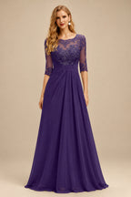 Rutipo Regency A-Line Scoop Neck Long Sleeves Asymmetrical Chiffon Mother Of The Bride Dresses With Lace