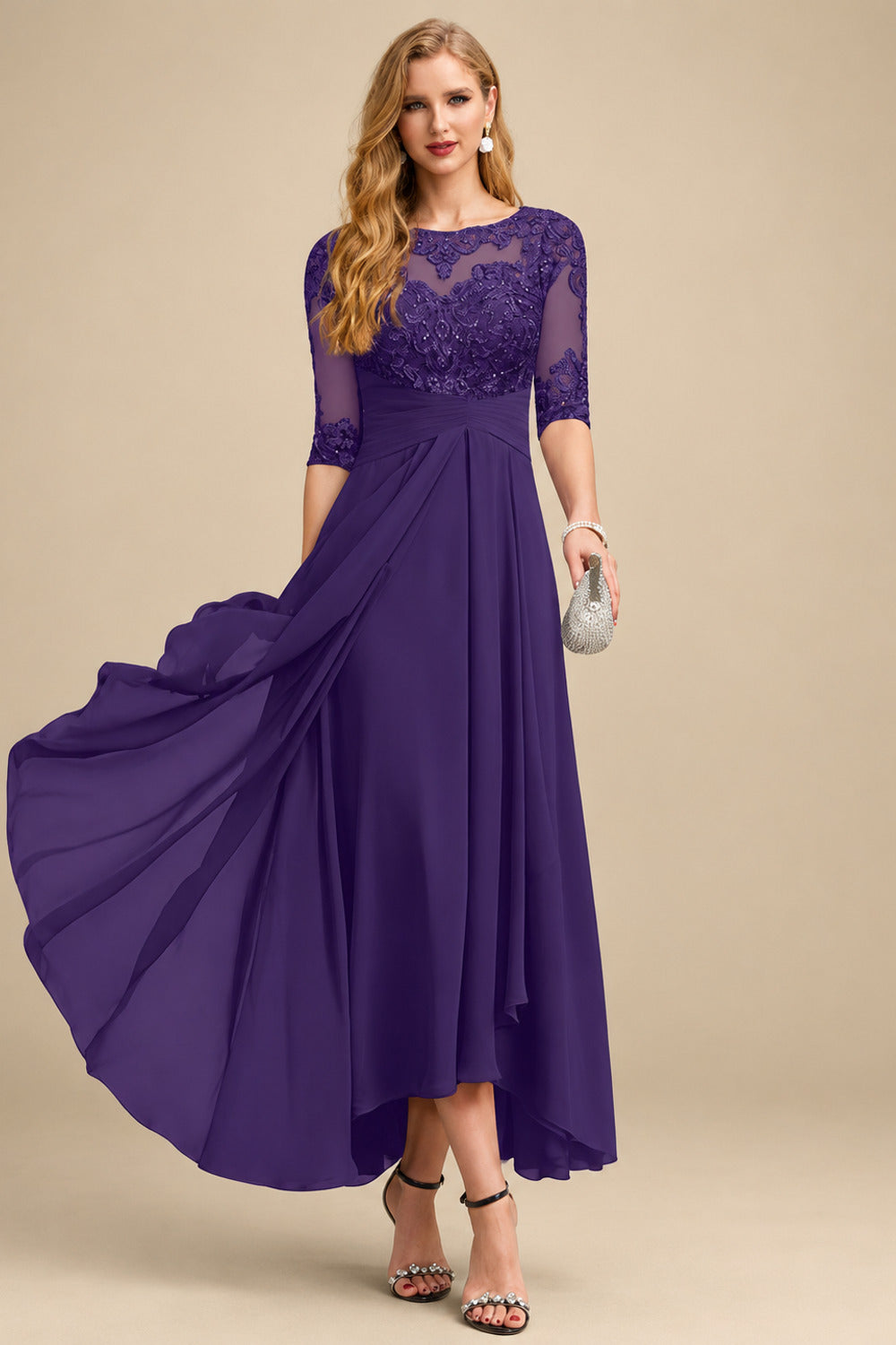 Rutipo Regency A-Line Scoop Neck Long Sleeves Asymmetrical Chiffon Mother Of The Bride Dresses With Lace