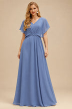 Rutipo Slate Blue A-Line Scoop Neck Long Sleeves Asymmetrical Chiffon Mother Of The Bride Dresses With Lace