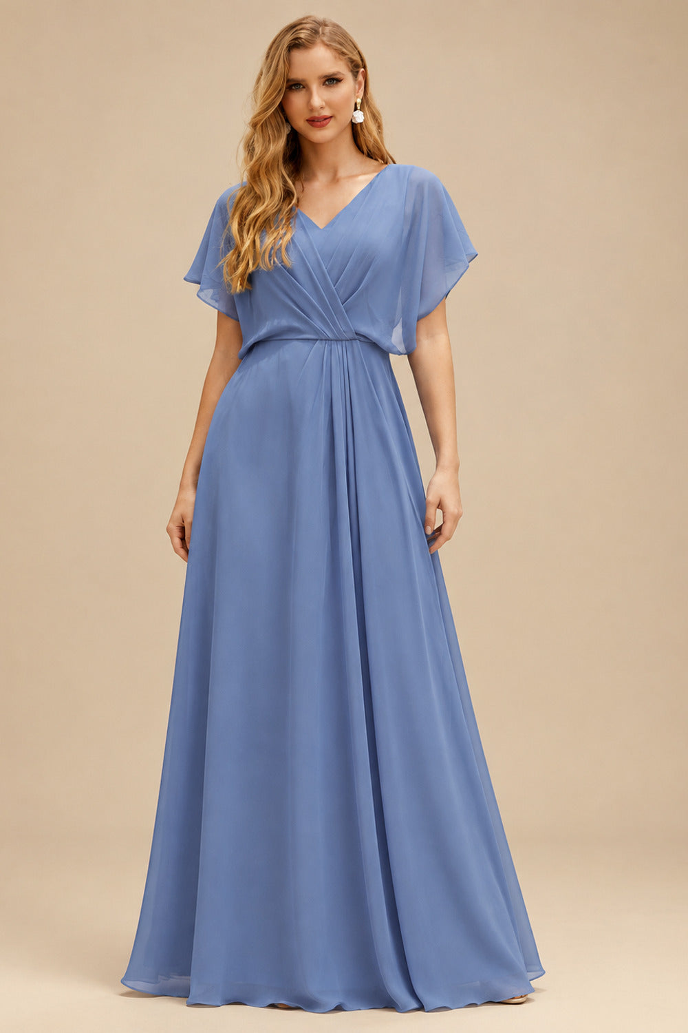 Rutipo Slate Blue A-Line Scoop Neck Long Sleeves Asymmetrical Chiffon Mother Of The Bride Dresses With Lace