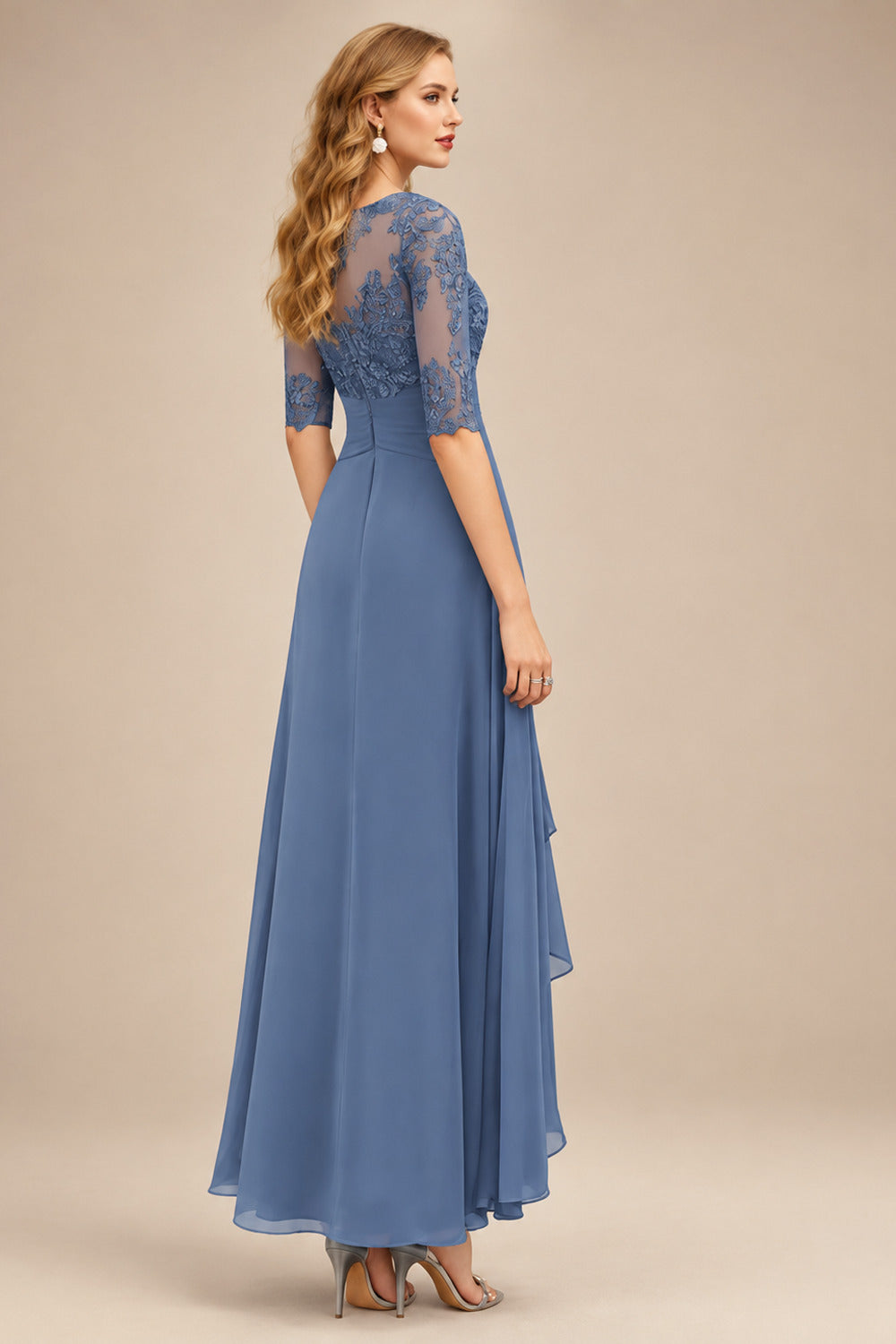 Rutipo Slate Blue A-Line Scoop Neck Long Sleeves Asymmetrical Chiffon Mother Of The Bride Dresses With Lace