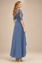 Rutipo Slate Blue A-Line Scoop Neck Long Sleeves Asymmetrical Chiffon Mother Of The Bride Dresses With Lace