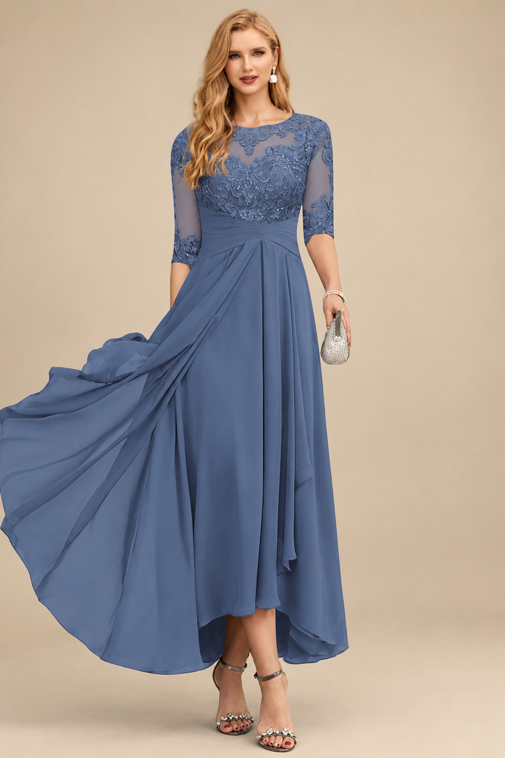 Rutipo Slate Blue A-Line Scoop Neck Long Sleeves Asymmetrical Chiffon Mother Of The Bride Dresses With Lace