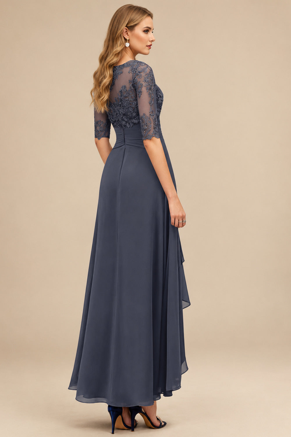 Rutipo Stormy A-Line Scoop Neck Long Sleeves Asymmetrical Chiffon Mother Of The Bride Dresses With Lace