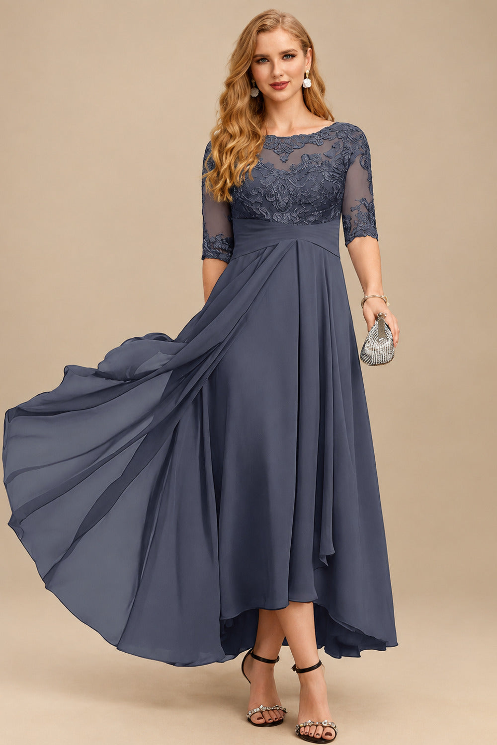 Rutipo Stormy A-Line Scoop Neck Long Sleeves Asymmetrical Chiffon Mother Of The Bride Dresses With Lace