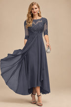 Rutipo Stormy A-Line Scoop Neck Long Sleeves Asymmetrical Chiffon Mother Of The Bride Dresses With Lace