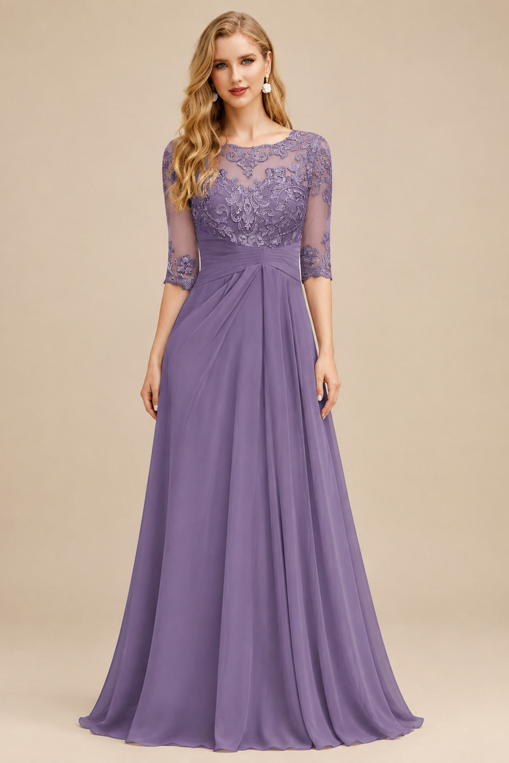 Rutipo Tahiti A-Line Scoop Neck Long Sleeves Asymmetrical Chiffon Mother Of The Bride Dresses With Lace