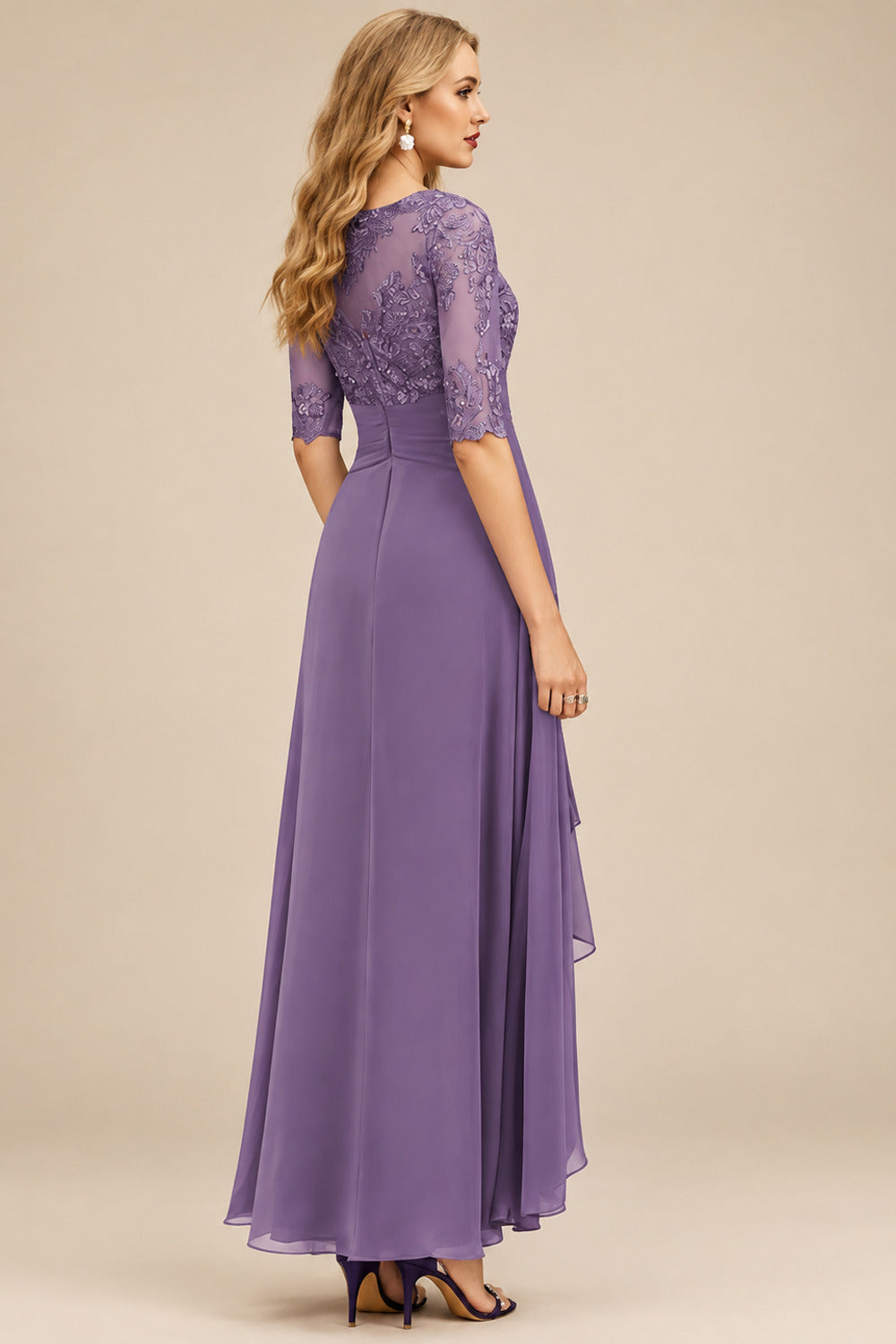 Rutipo Tahiti A-Line Scoop Neck Long Sleeves Asymmetrical Chiffon Mother Of The Bride Dresses With Lace