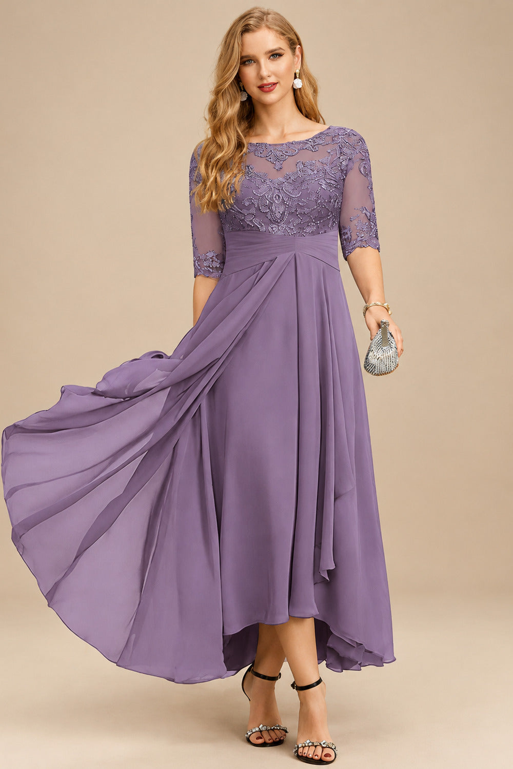 Rutipo Tahiti A-Line Scoop Neck Long Sleeves Asymmetrical Chiffon Mother Of The Bride Dresses With Lace