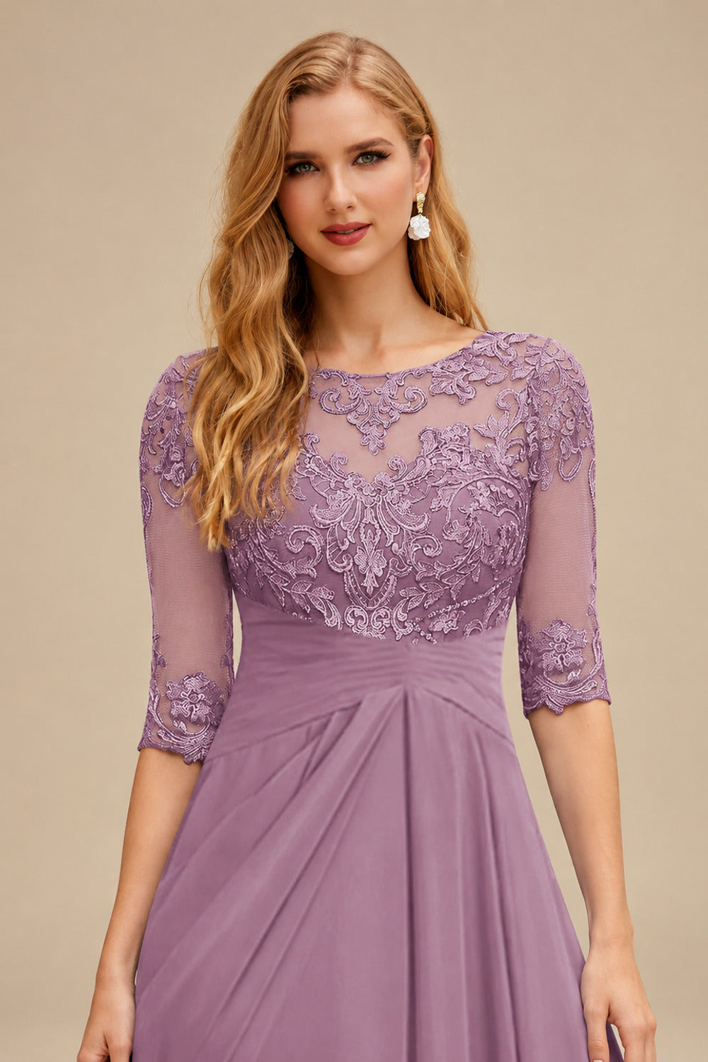 Rutipo Wisteria A-Line Scoop Neck Long Sleeves Asymmetrical Chiffon Mother Of The Bride Dresses With Lace