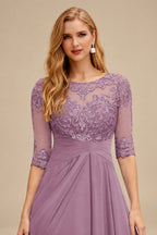 Rutipo Wisteria A-Line Scoop Neck Long Sleeves Asymmetrical Chiffon Mother Of The Bride Dresses With Lace