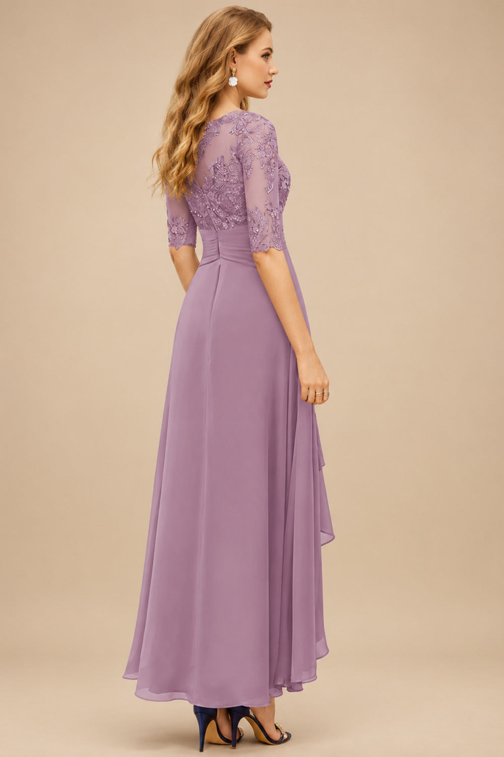 Rutipo Wisteria A-Line Scoop Neck Long Sleeves Asymmetrical Chiffon Mother Of The Bride Dresses With Lace
