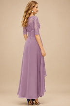 Rutipo Wisteria A-Line Scoop Neck Long Sleeves Asymmetrical Chiffon Mother Of The Bride Dresses With Lace