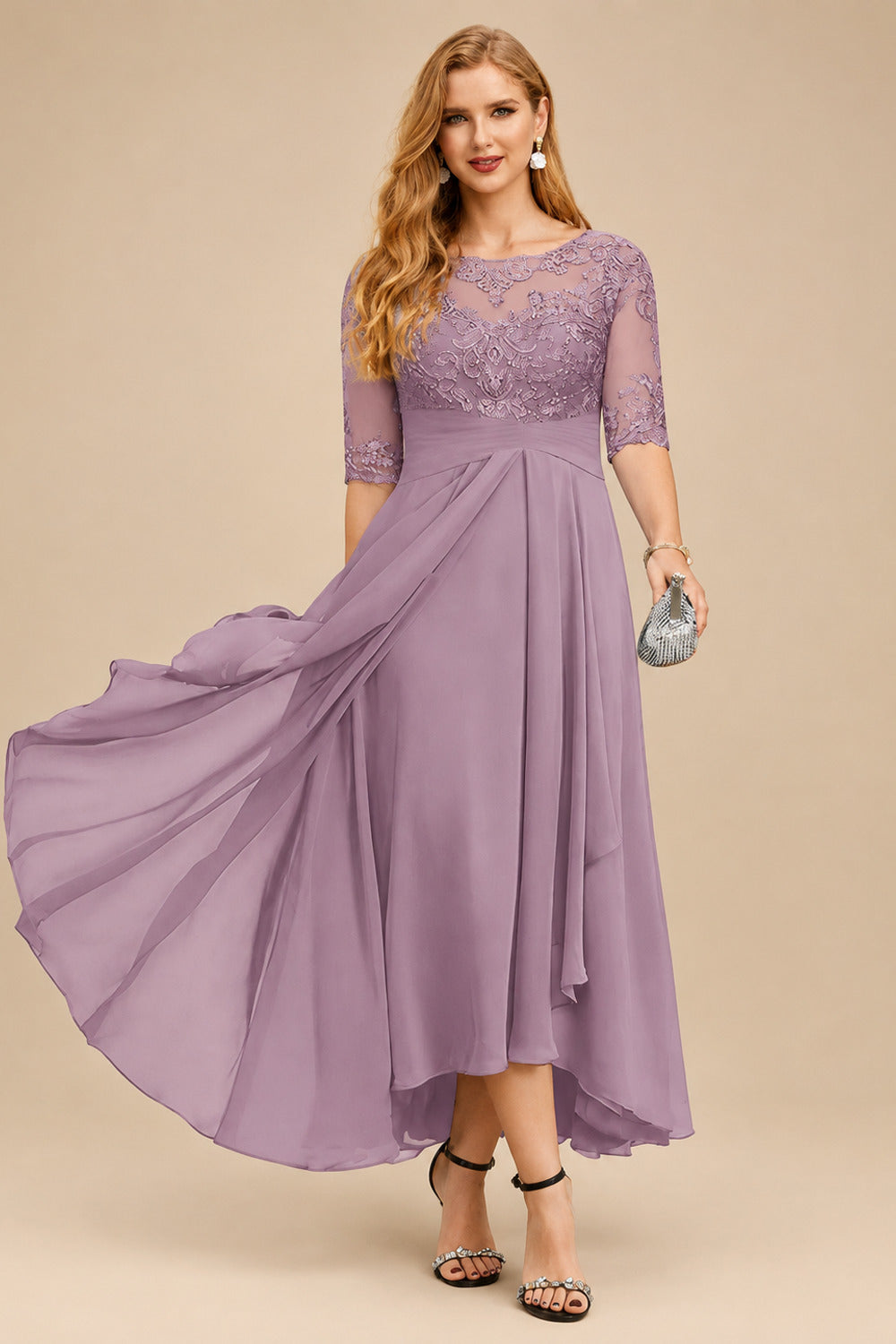Rutipo Wisteria A-Line Scoop Neck Long Sleeves Asymmetrical Chiffon Mother Of The Bride Dresses With Lace