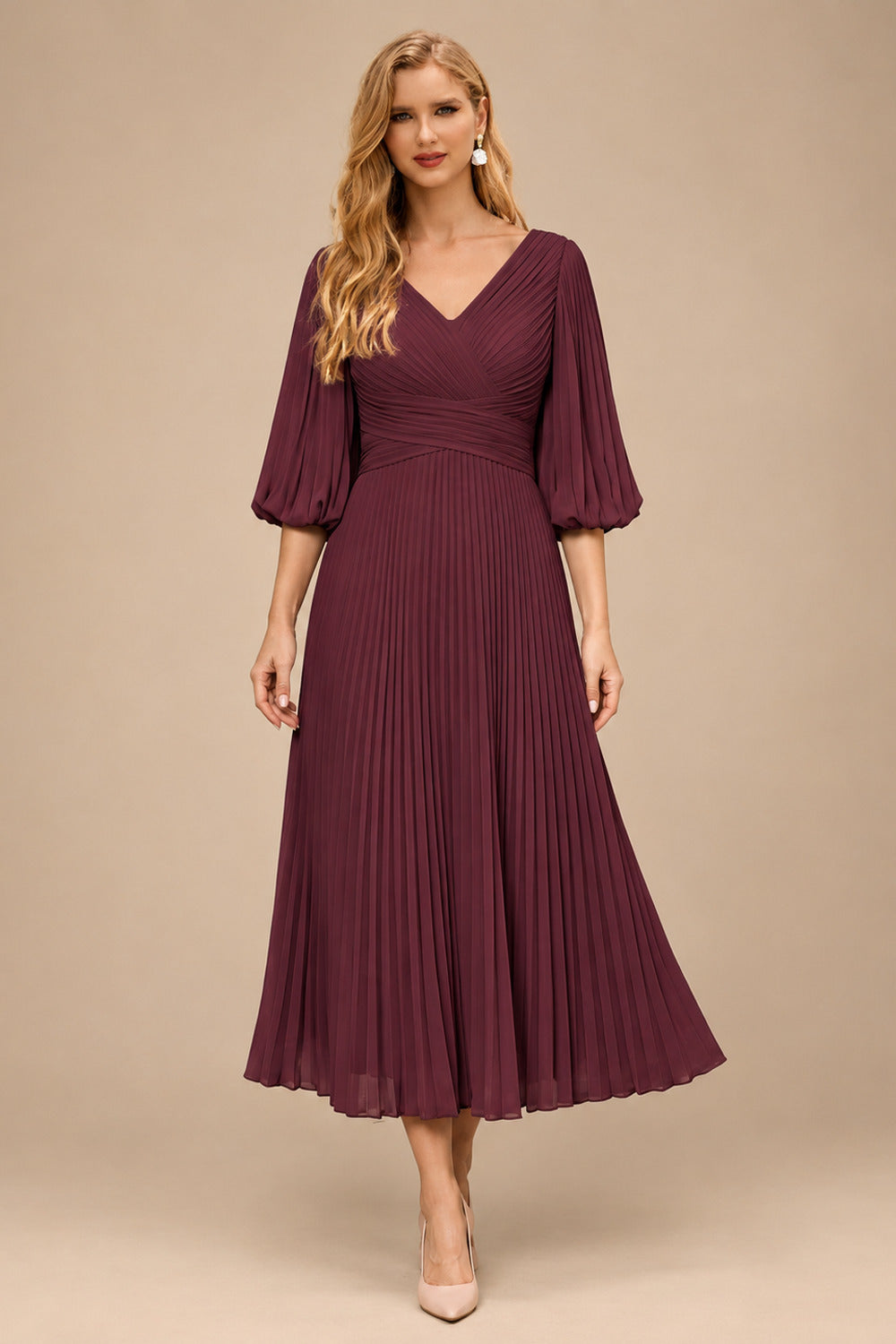Rutipo Cabernet A-Line V-Neck 3/4 Sleeves Tea-Length Chiffon Mother Of The Bride Dresses With Pleated