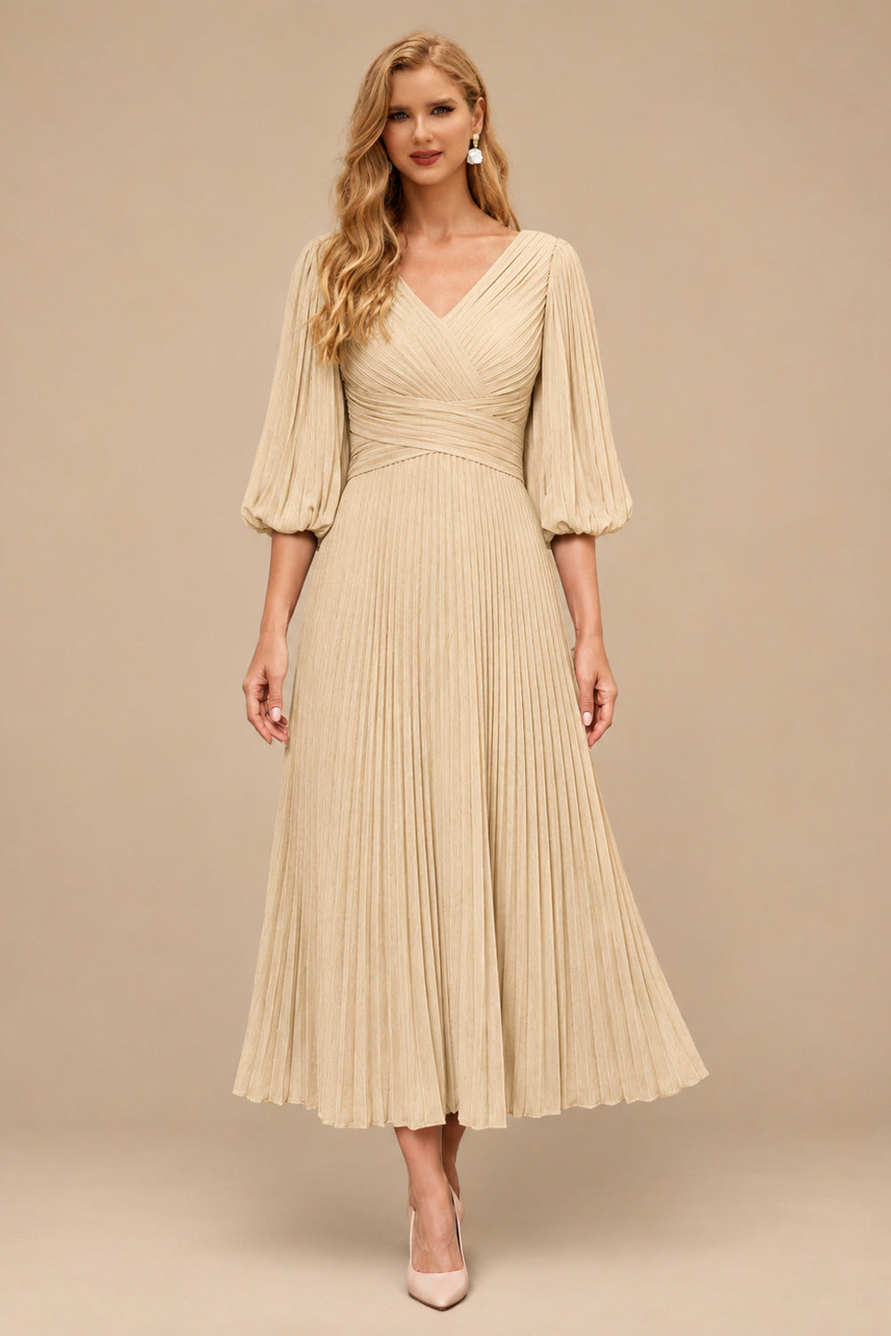 Rutipo Champagne A-Line V-Neck 3/4 Sleeves Tea-Length Chiffon Mother Of The Bride Dresses With Pleated