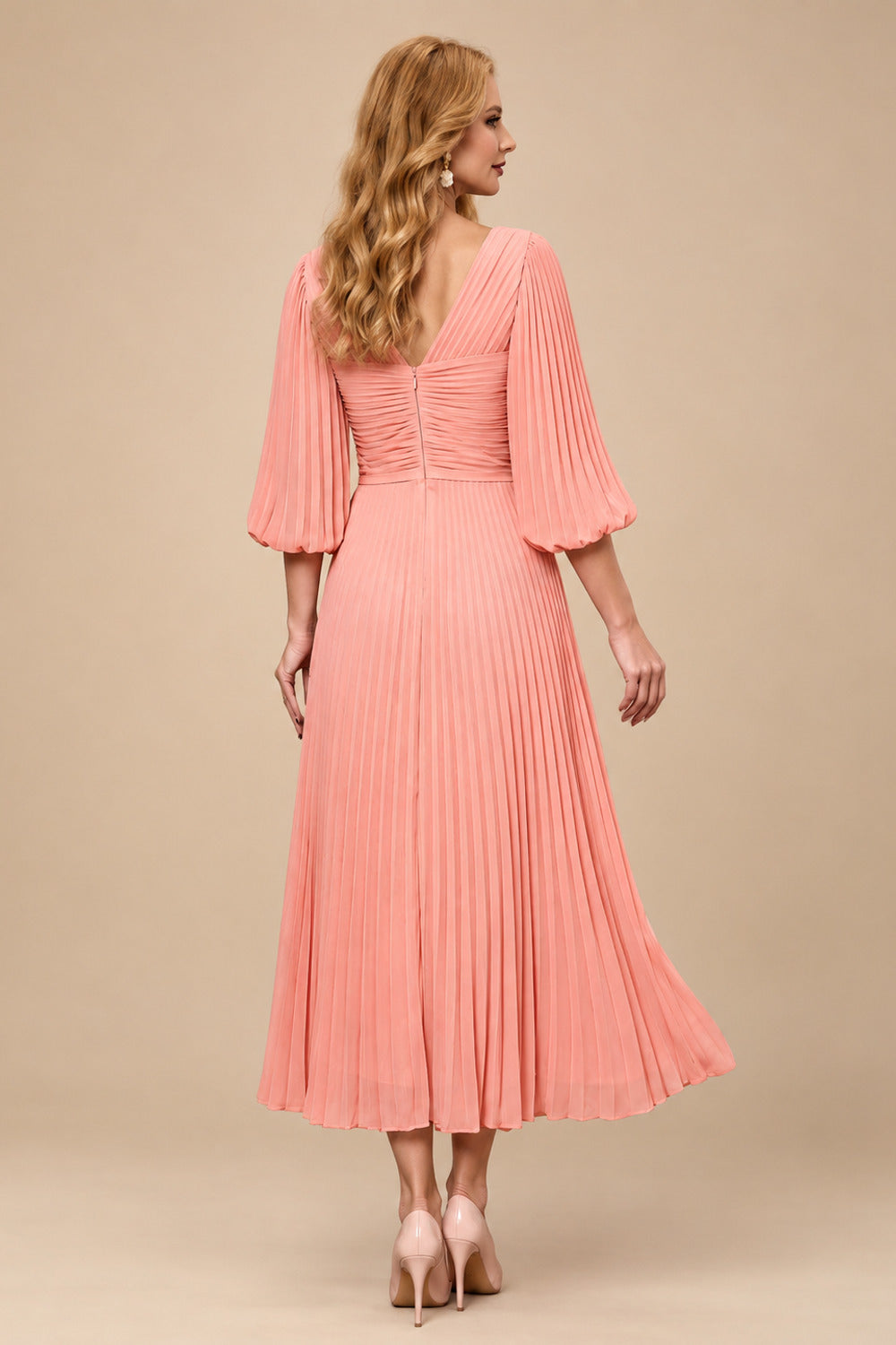 Rutipo Coral A-Line V-Neck 3/4 Sleeves Tea-Length Chiffon Mother Of The Bride Dresses With Pleated