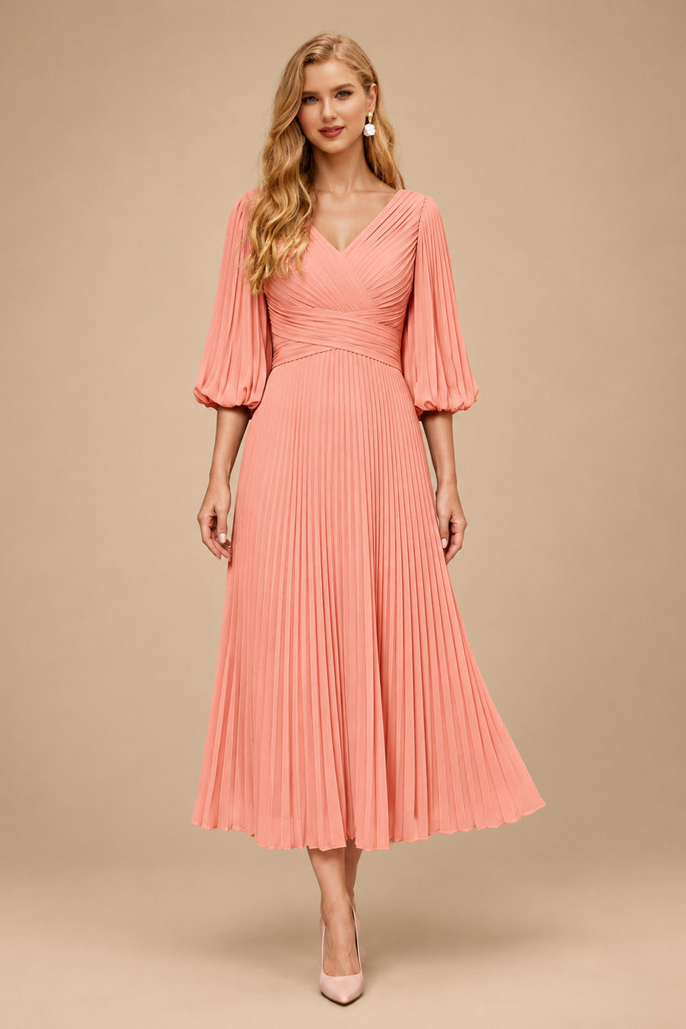 Rutipo Coral A-Line V-Neck 3/4 Sleeves Tea-Length Chiffon Mother Of The Bride Dresses With Pleated