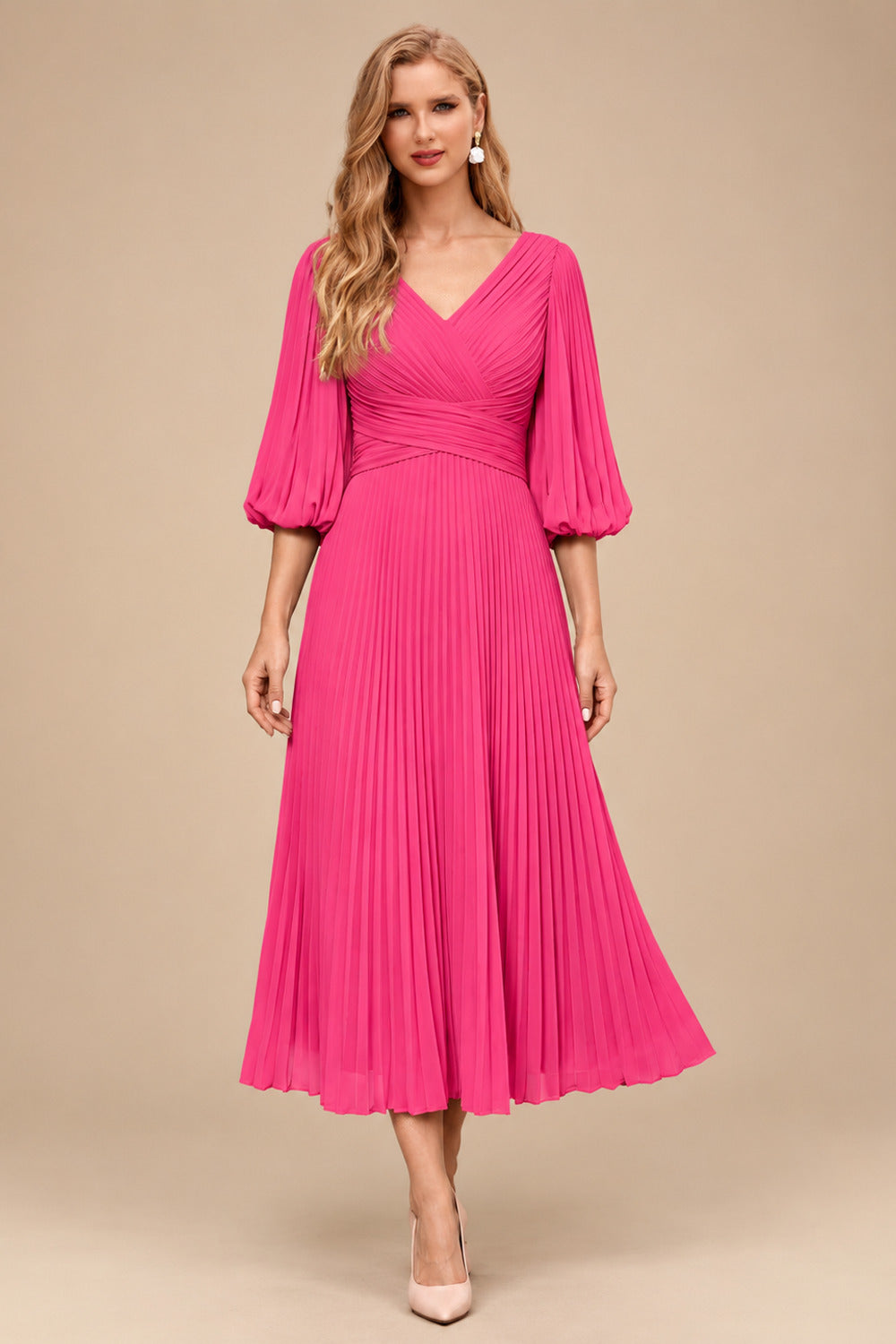 Rutipo Hot Pink A-Line V-Neck 3/4 Sleeves Tea-Length Chiffon Mother Of The Bride Dresses With Pleated